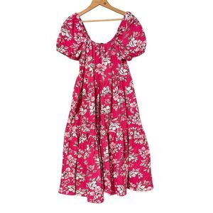 C Wonder Women's M Pink Floral Puff Sleeve Tiered Midi Dress Vacation Hawaiian
